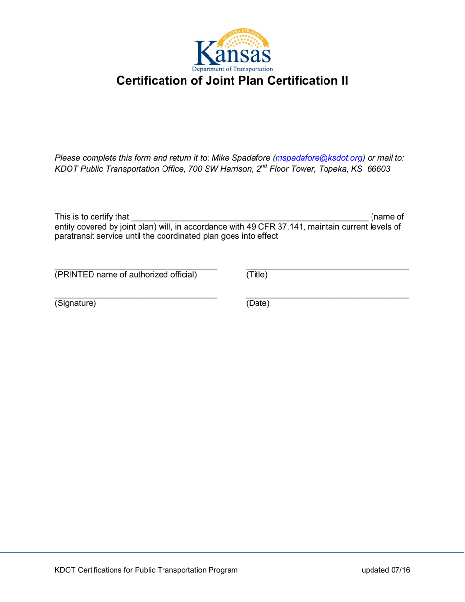 Certification of Joint Plan Certification Ii - Kansas, Page 1