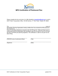 Document preview: Mpo Certification of Paratransit Plan - Kansas