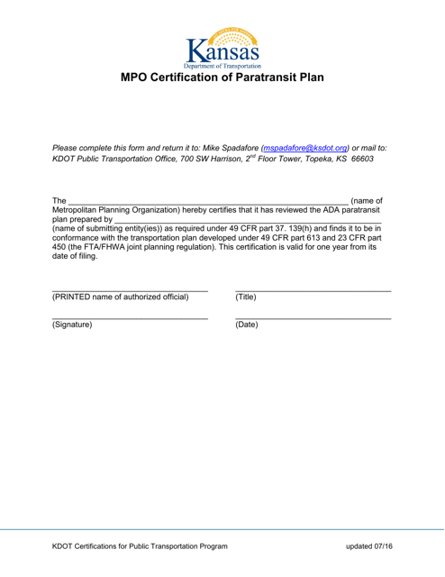 Mpo Certification of Paratransit Plan - Kansas Download Pdf