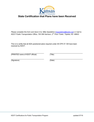 Document preview: State Certification That Plans Have Been Received - Kansas