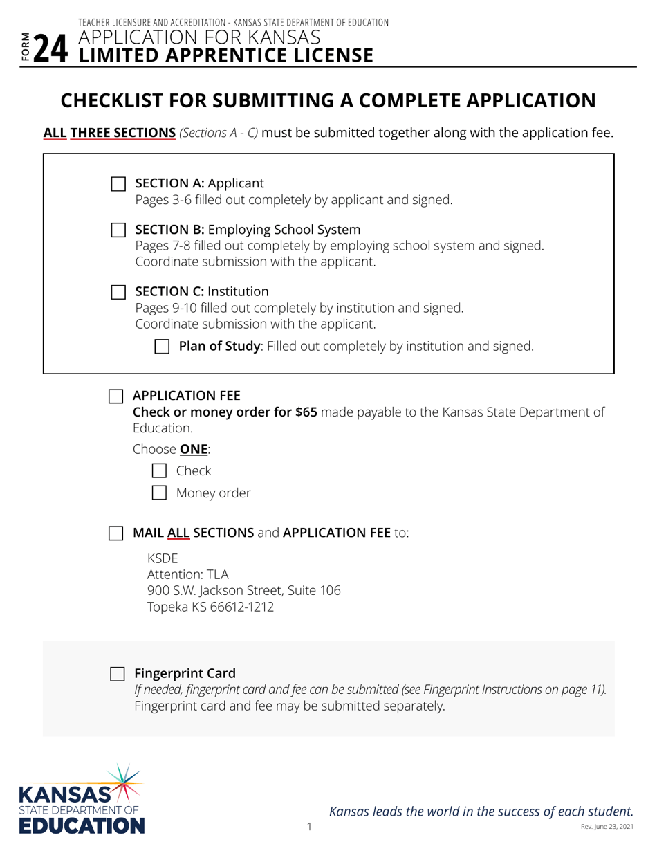 Form 24 Application for Kansas Limited Apprentice License - Kansas, Page 1