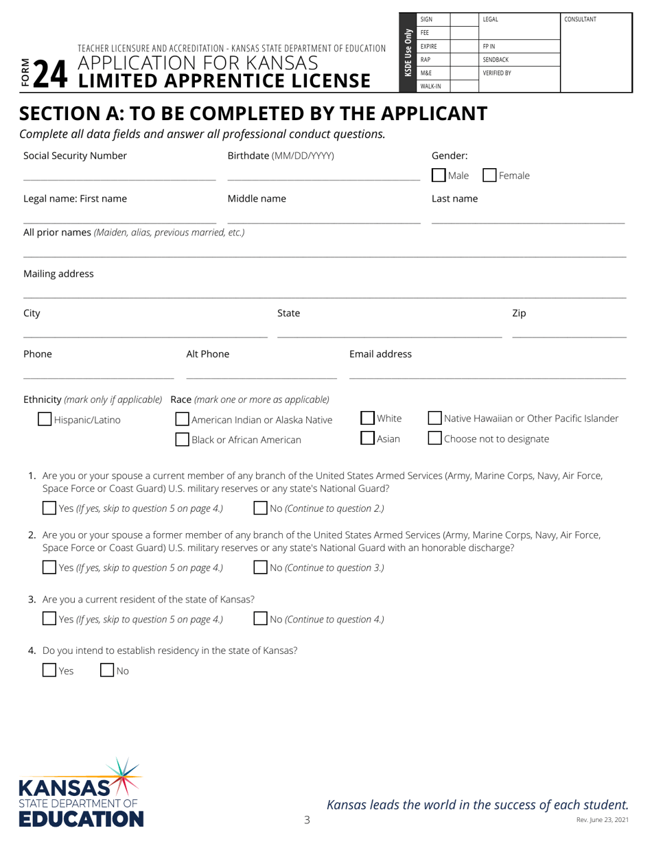 Form 24 Application for Kansas Limited Apprentice License - Kansas, Page 3