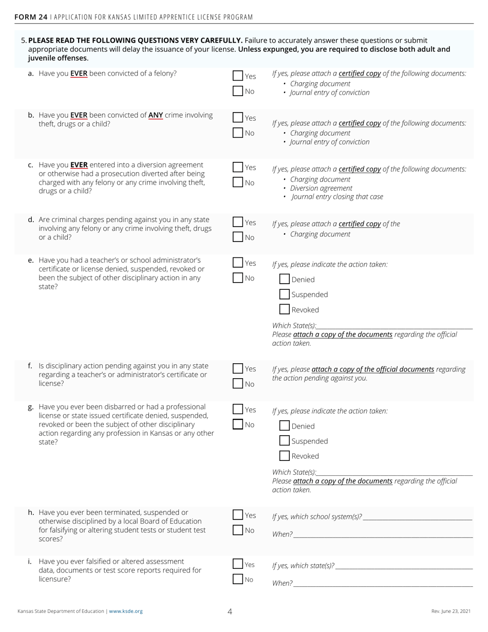 Form 24 Application for Kansas Limited Apprentice License - Kansas, Page 4