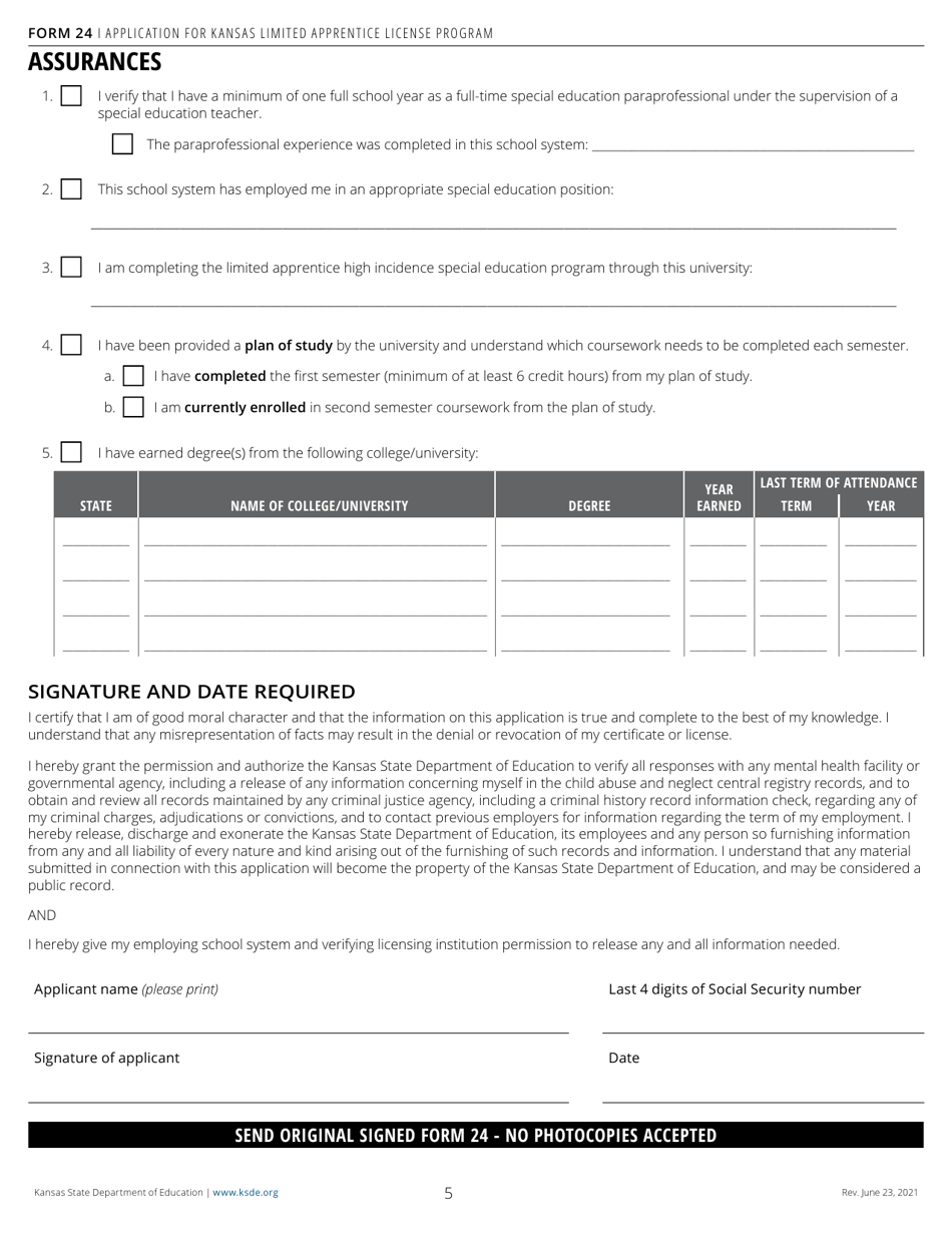 Form 24 Application for Kansas Limited Apprentice License - Kansas, Page 5