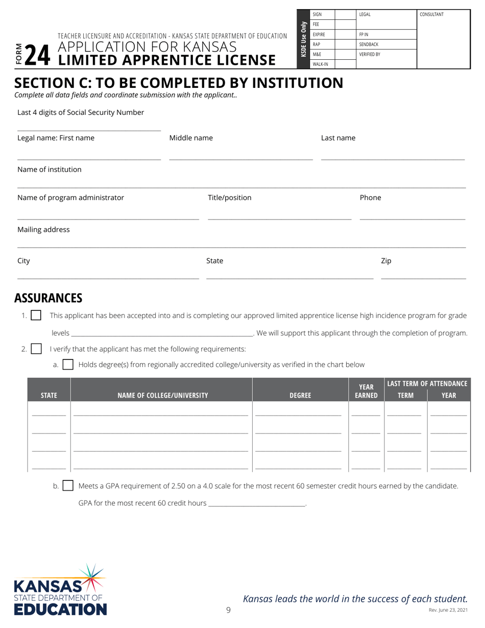 Form 24 Application for Kansas Limited Apprentice License - Kansas, Page 9