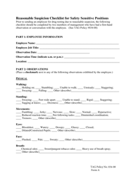 Form A &quot;Reasonable Suspicion Checklist for Safety Sensitive Positions&quot; - Kansas