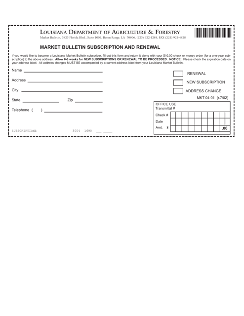 Form MKT-04-01 Market Bulletin Subscription and Renewal - Louisiana