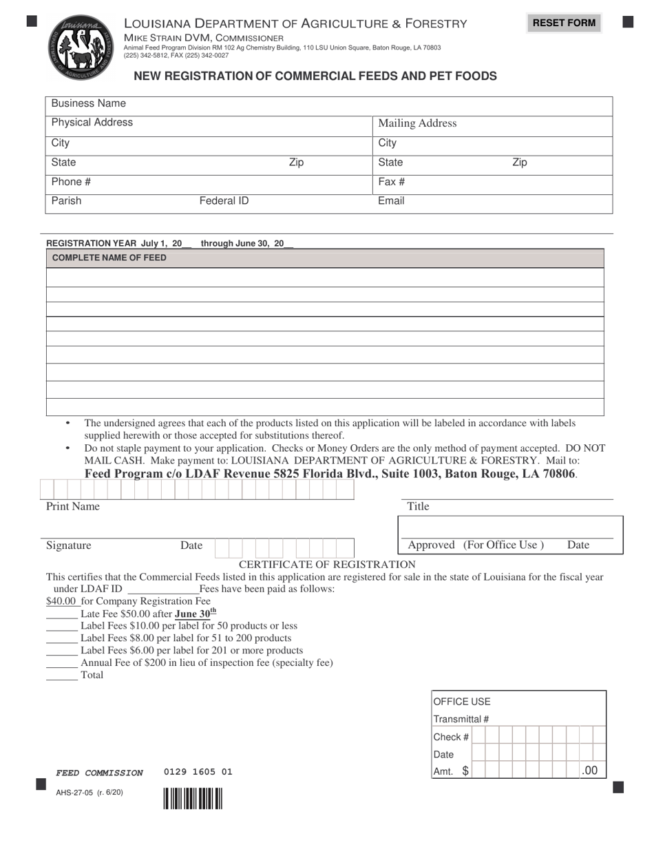 Form AHS-27-05 New Registration of Commercial Feeds and Pet Foods - Louisiana, Page 1
