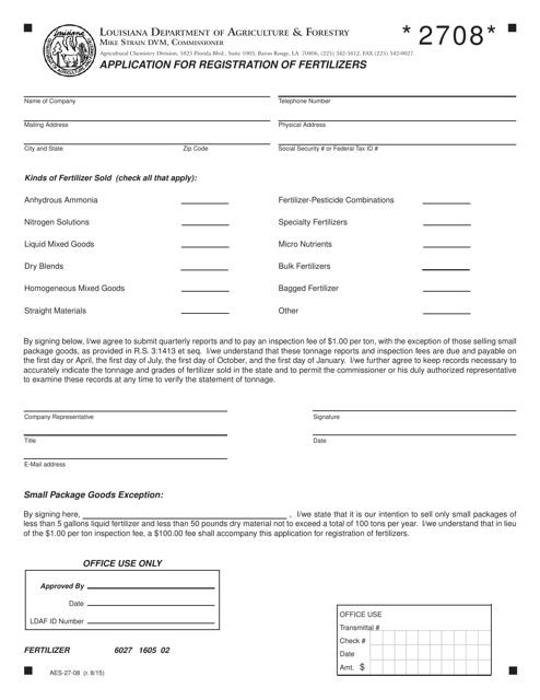 Form AES-27-08 Application for Registration of Fertilizers - Louisiana