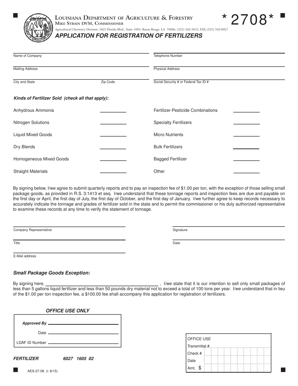 Form AES-27-08 Application for Registration of Fertilizers - Louisiana, Page 1