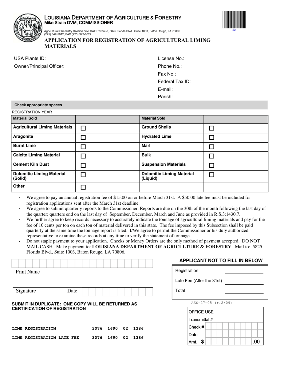Form AES-27-05 Application for Registration of Agricultural Liming Materials - Louisiana, Page 1