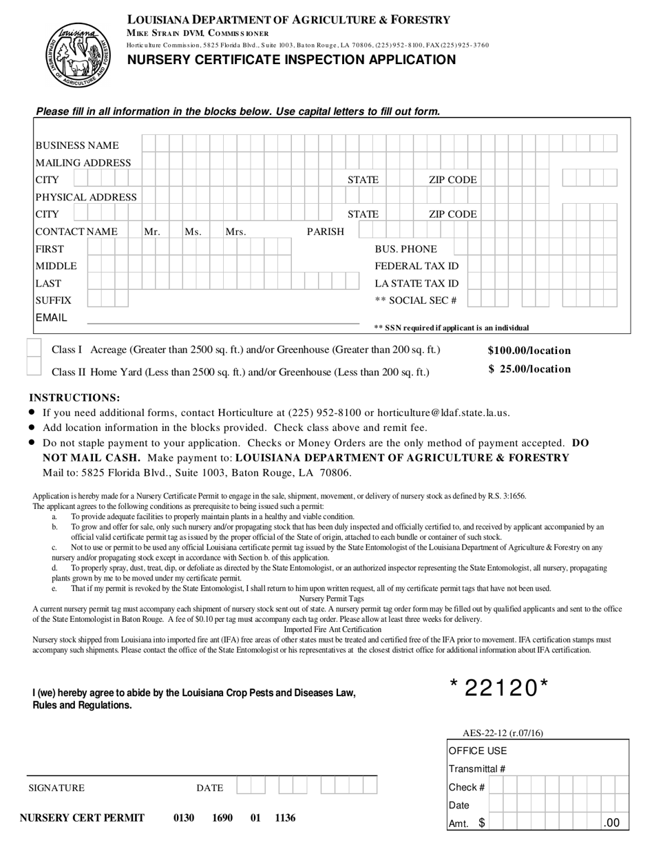 Form AES-22-12 Nursery Certificate Inspection Application - Louisiana, Page 1