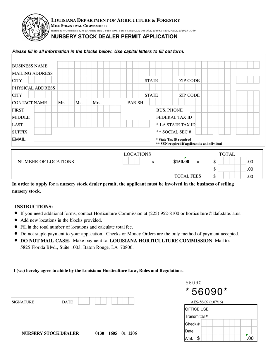 Form AES-56-09 Nursery Stock Dealer Permit Application - Louisiana, Page 1