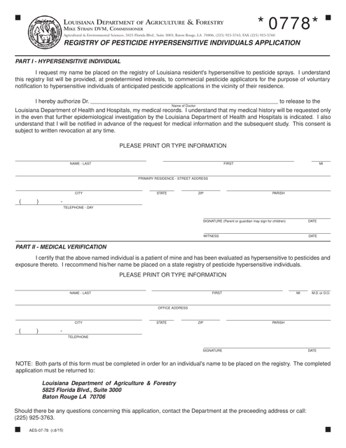 Form AES-07-78 Registry of Pesticide Hypersensitive Individuals Application - Louisiana