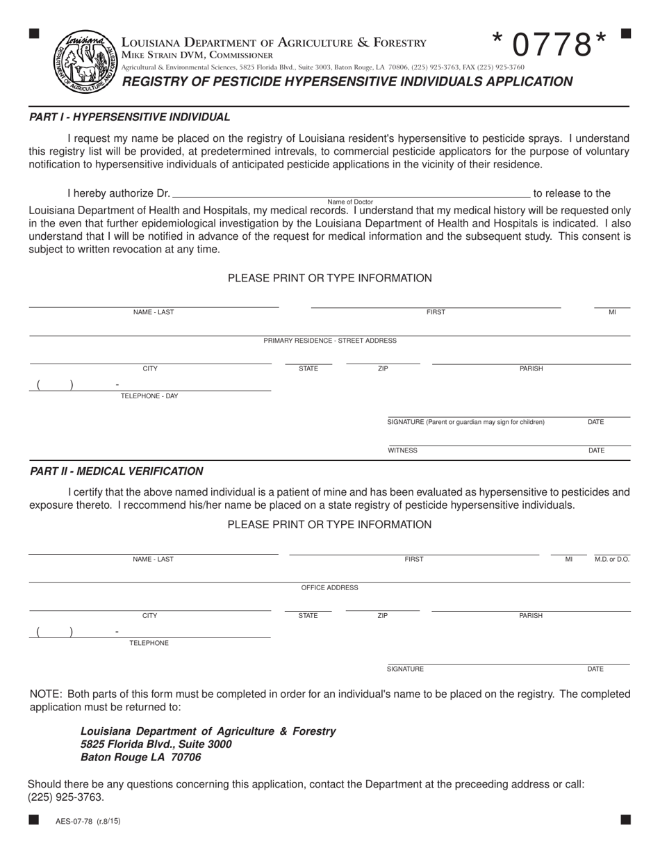 Form AES-07-78 Registry of Pesticide Hypersensitive Individuals Application - Louisiana, Page 1