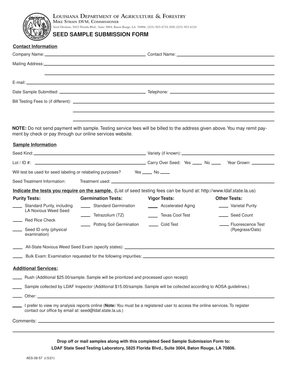 Form AES-08-57 Seed Sample Submission Form - Louisiana, Page 1