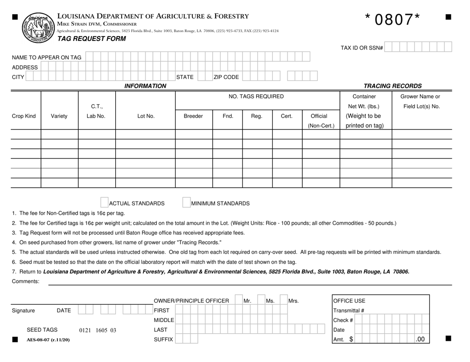 Form AES-08-07 Tag Request Form - Louisiana, Page 1