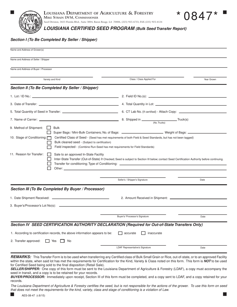 Form AES-08-47 Bulk Seed Transfer Report - Louisiana Certified Seed Program - Louisiana, Page 1