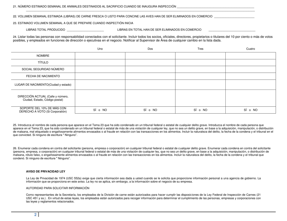 Solicitud De Carne Del Estado E Inspeccion De Corral - Louisiana (Spanish), Page 2