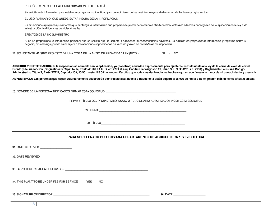 Solicitud De Carne Del Estado E Inspeccion De Corral - Louisiana (Spanish), Page 3