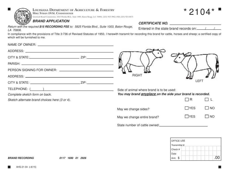 Form AHS-21-04 Brand Application Form - Cows / Horses / Sheep - Louisiana, Page 1