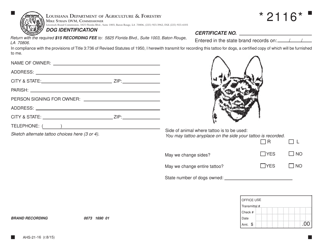 Document preview: Form AHS-21-16 Brand Application Form - Dog Identification - Louisiana