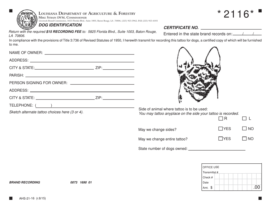 Form AHS-21-16 Brand Application Form - Dog Identification - Louisiana, Page 1