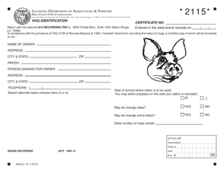 Document preview: Form AHS-21-15 Brand Application Form - Hog Identification - Louisiana