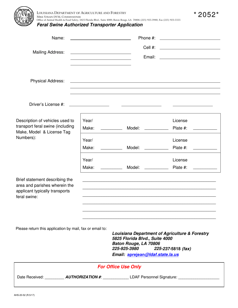 Form AHS-20-52 Feral Swine Authorized Transporter Application - Louisiana, Page 1