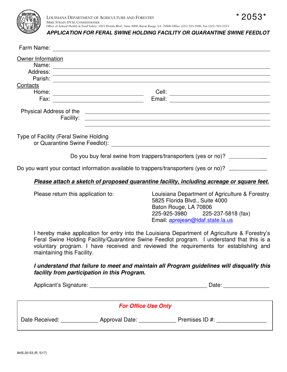 Form AHS-20-53 Application for Feral Swine Holding Facility or Quarantine Swine Feedlot - Louisiana, Page 1