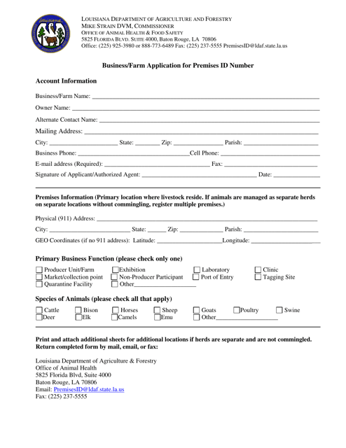 Business / Farm Application for Premises Id Number - Louisiana Download Pdf