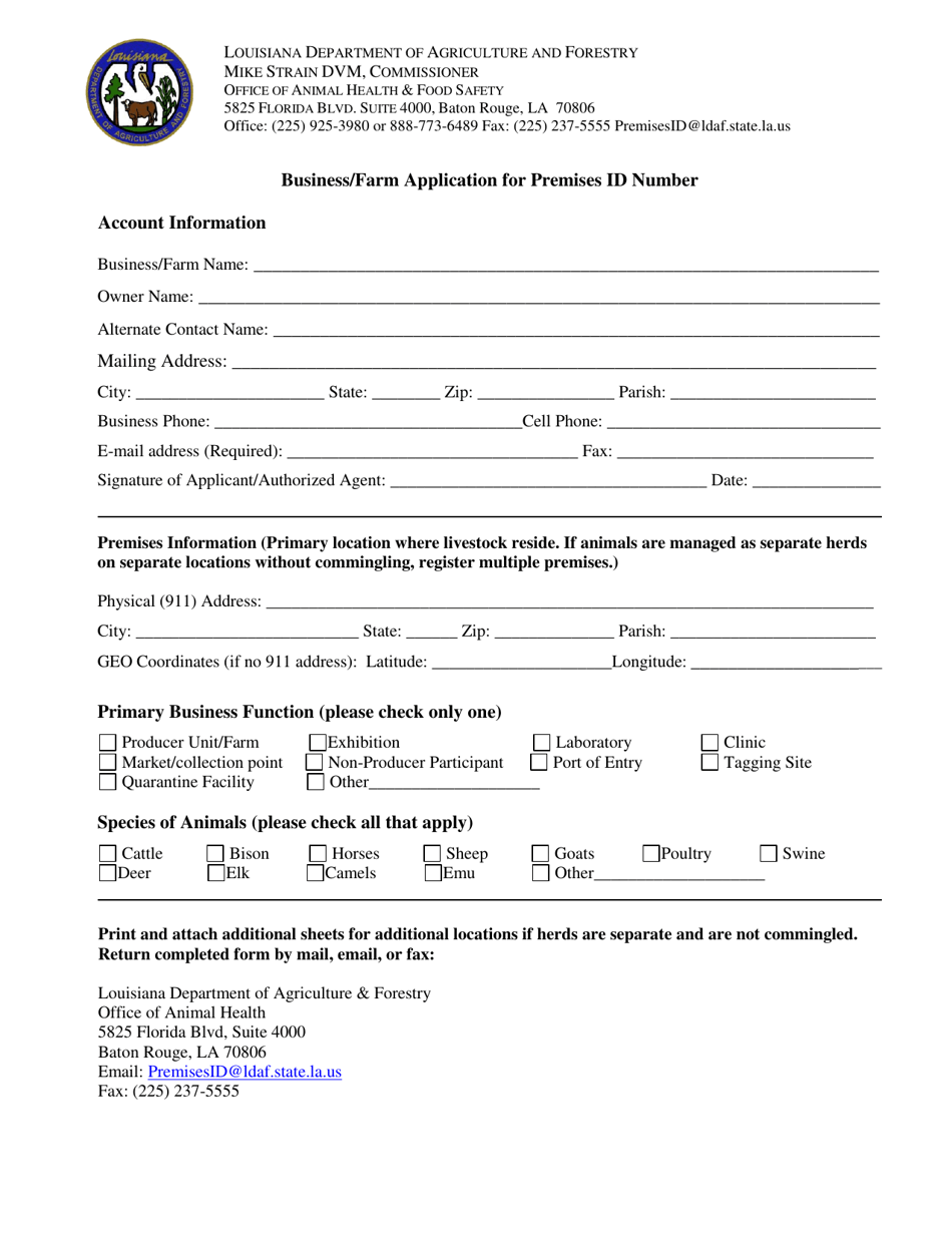 Louisiana Business/Farm Application for Premises Id Number Fill Out