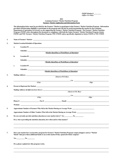 Farmers' Market Application and Information Form - Louisiana Farmers' Market Nutrition Program - Louisiana Download Pdf