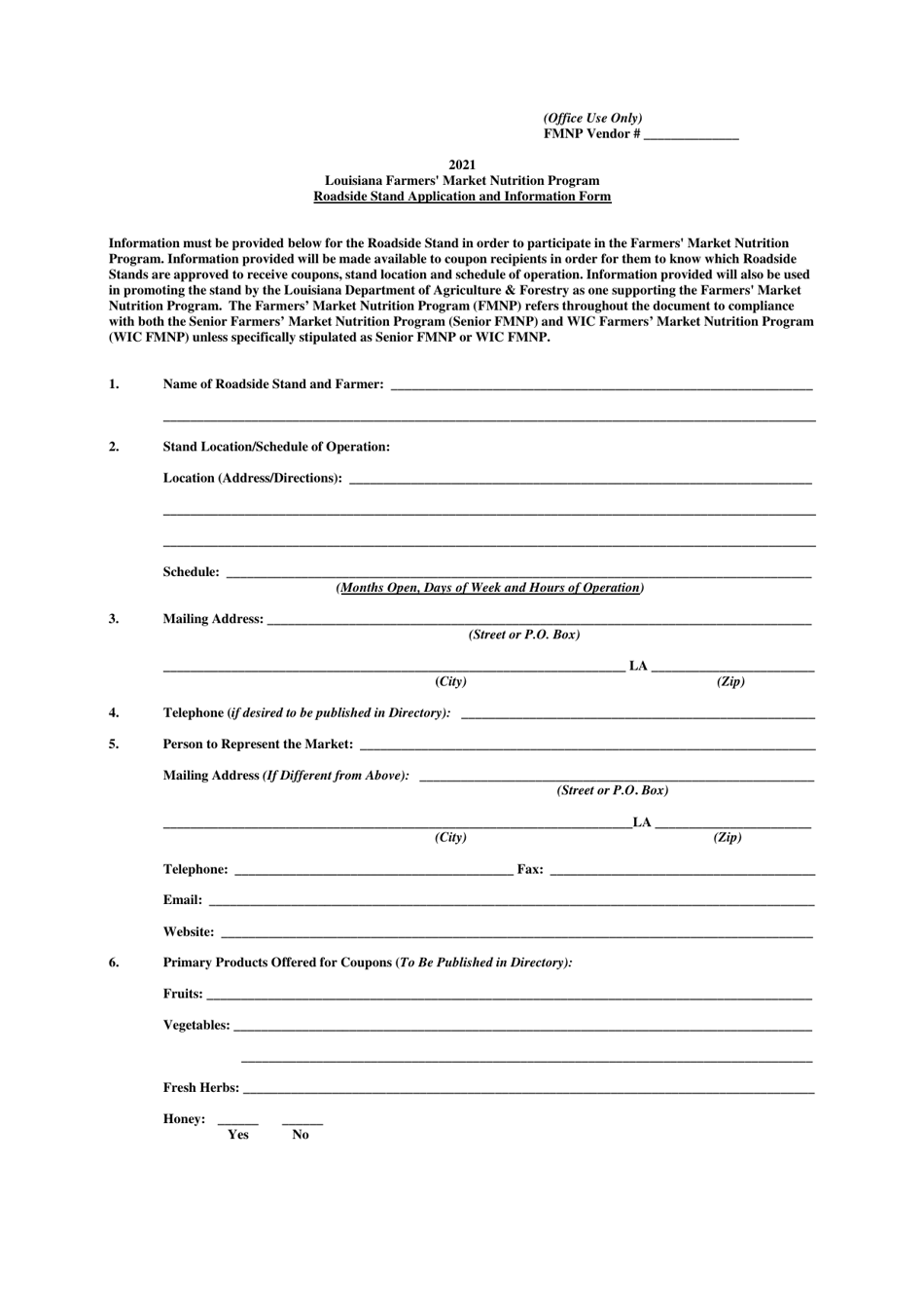 Roadside Stand Application and Information Form - Louisiana Farmers Market Nutrition Program - Louisiana, Page 1