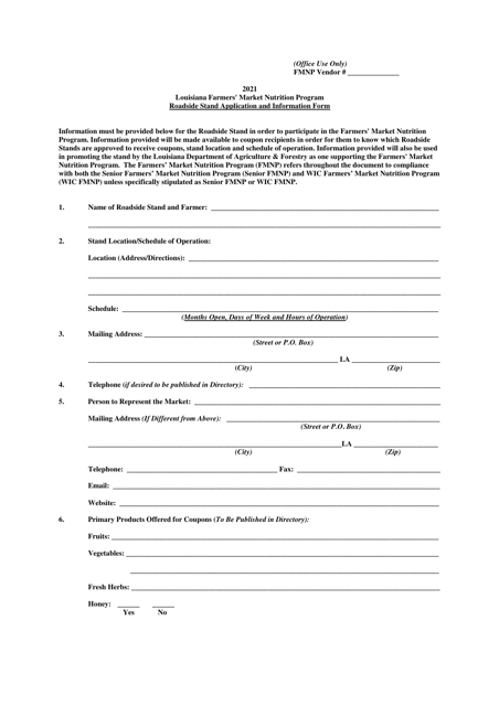 Roadside Stand Application and Information Form - Louisiana Farmers' Market Nutrition Program - Louisiana Download Pdf