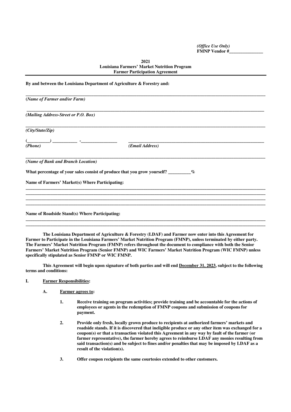 Farmer Participation Agreement - Louisiana Farmers Market Nutrition Program - Louisiana, Page 1
