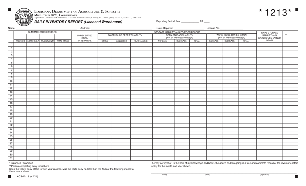 Form ACS-12-13 Daily Inventory Report (Licensed Warehouse) - Louisiana