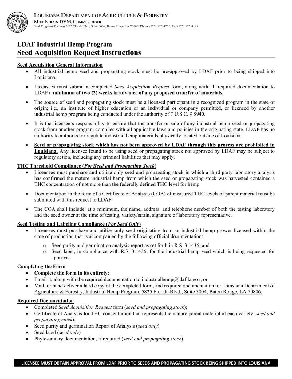 Form AES-28-08 Industrial Hemp Seed Acquisition Request Form - Ldaf Industrial Hemp Program - Louisiana, Page 1