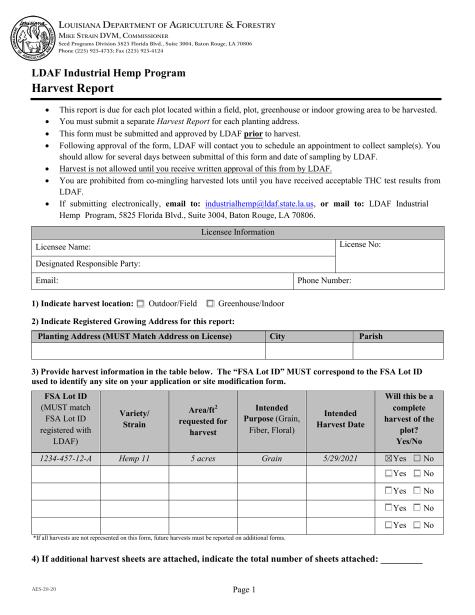 Form AES-28-20 Harvest Report - Ldaf Industrial Hemp Program - Louisiana, Page 1