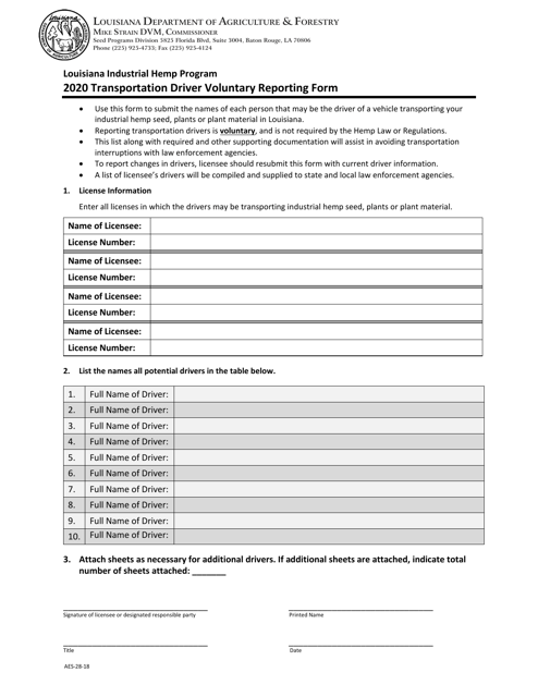 Form AES-28-18 Transportation Driver Voluntary Reporting Form - Louisiana, 2020