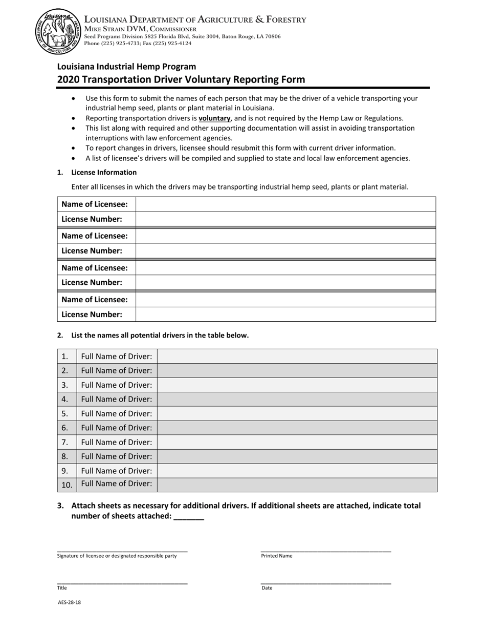 Form AES-28-18 Transportation Driver Voluntary Reporting Form - Louisiana, Page 1