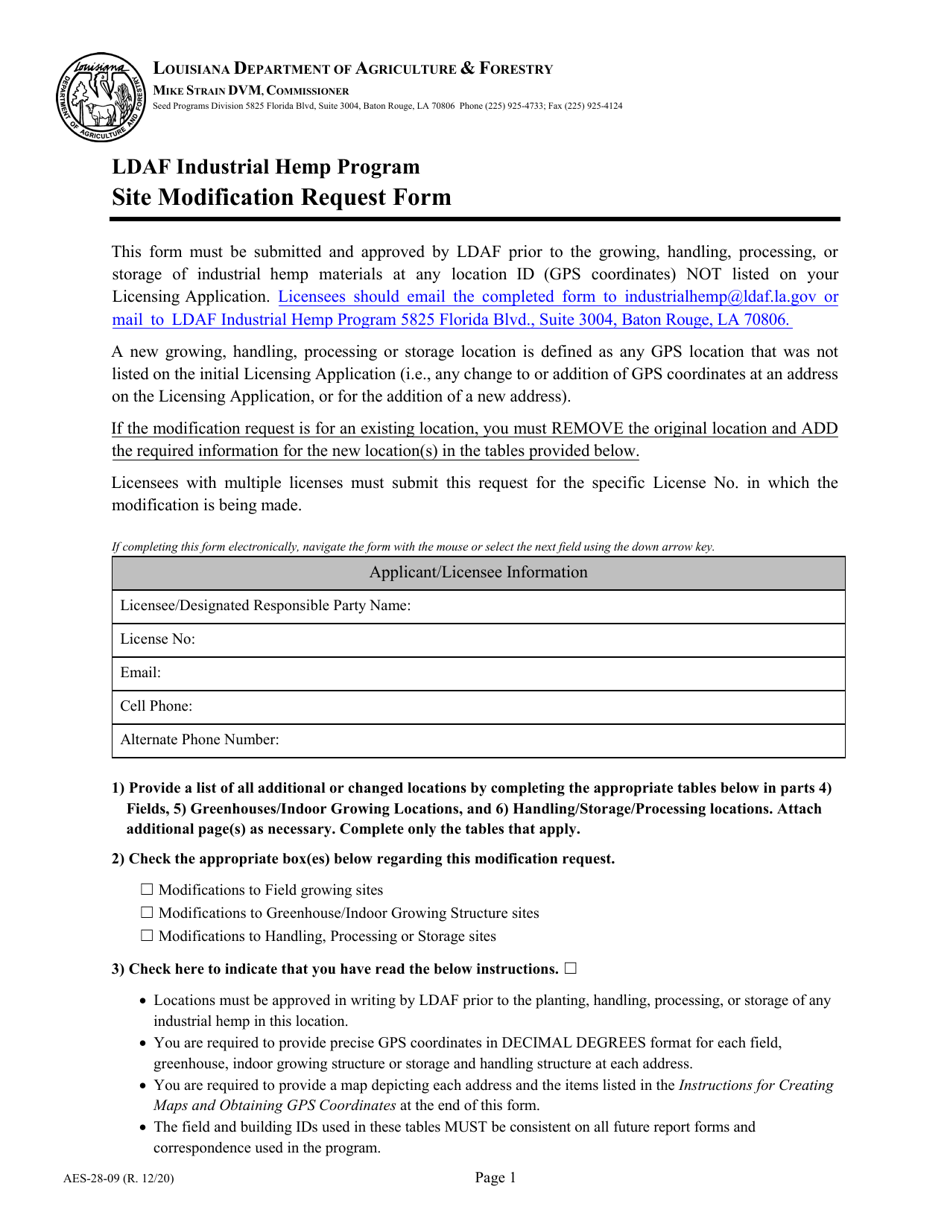 Form AES-28-09 Site Modification Request Form - Ldaf Industrial Hemp Program - Louisiana, Page 1