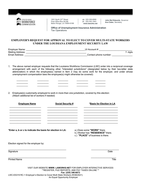 Form LWC-ES319 RC-1 Employer's Request for Approval to Elect to Cover Multi-State Workers Under the Louisiana Employment Security Law - Louisiana