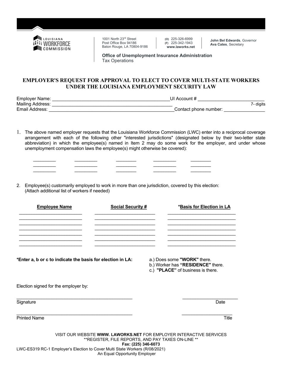 Form LWC-ES319 RC-1 Employers Request for Approval to Elect to Cover Multi-State Workers Under the Louisiana Employment Security Law - Louisiana, Page 1