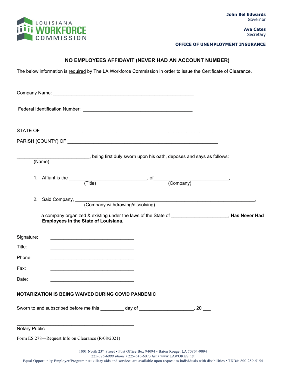 Form ES278 No Employees Affidavit (Never Had an Account Number) - Louisiana, Page 1