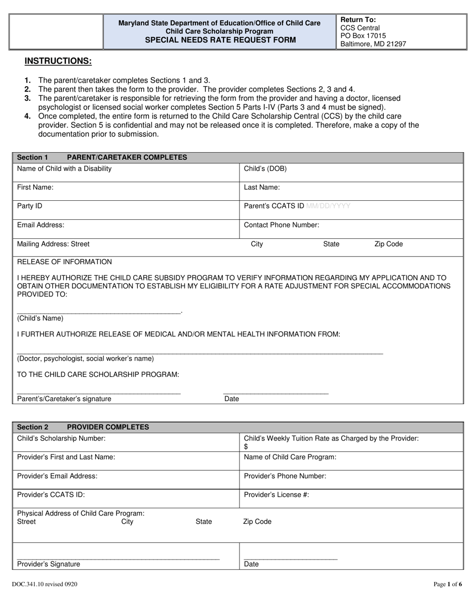 Special Needs Rate Request Form - Maryland, Page 1
