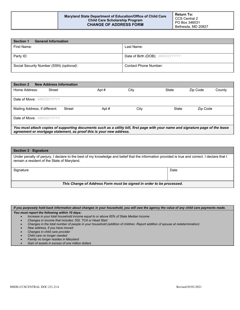 Change of Address Form - Maryland, Page 1