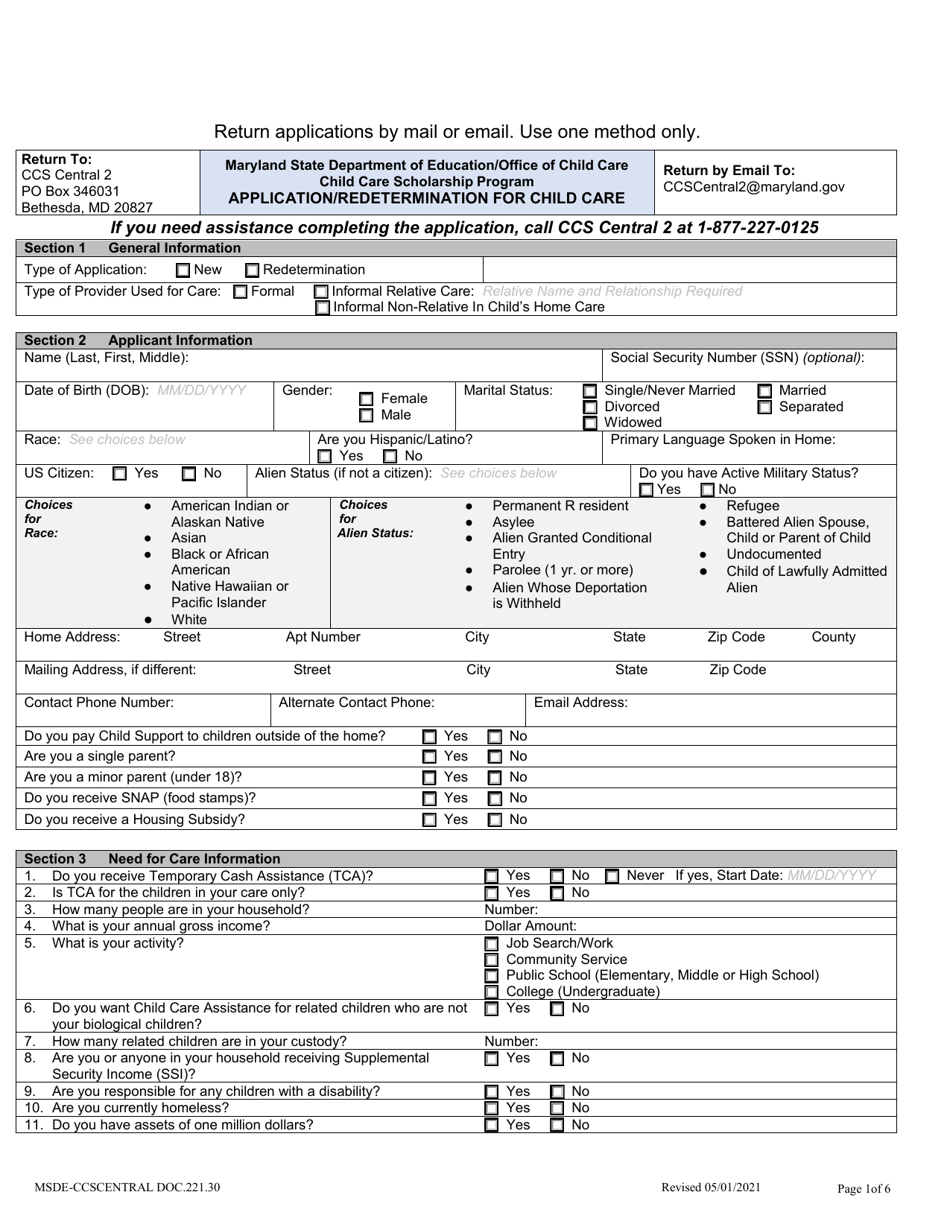 Application / Redetermination for Child Care - Maryland, Page 1