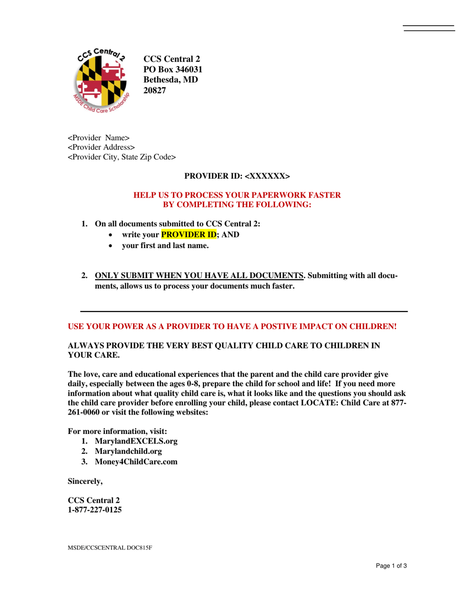 Provider Change Form - Maryland, Page 1