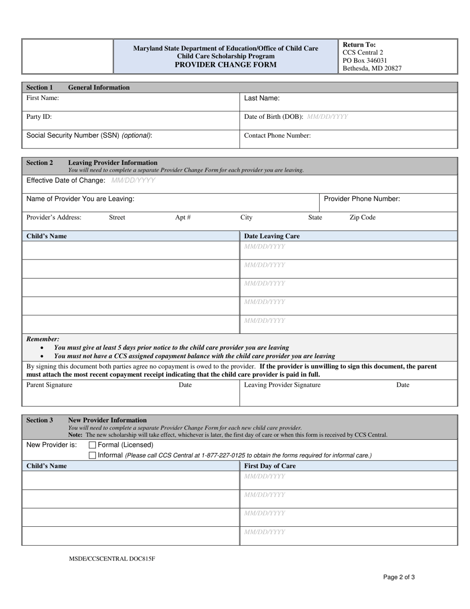 Maryland Provider Change Form - Fill Out, Sign Online and Download PDF ...